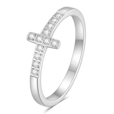 Fashion Simple 7mm 304 Stainless Steel Rhinestone Cross Ring