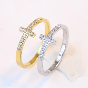 Fashion Simple 7mm 304 Stainless Steel Rhinestone Cross Ring