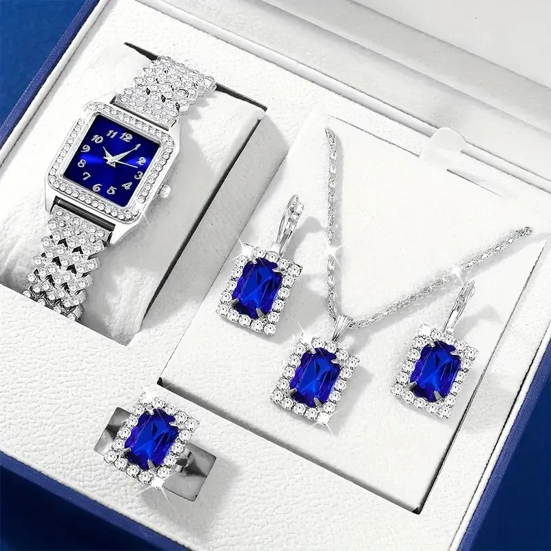 Women Fashion Roman Rhinestone Square Quartz Watch Rings Earrings Necklaces 4PCS/Set
