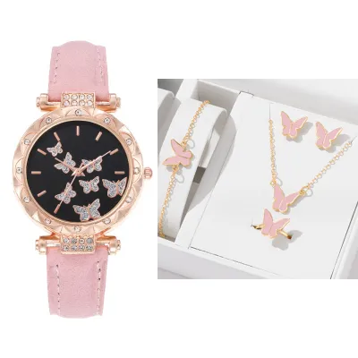 Women Fashion Alloy Rhinestone Butterfly Watch Rings Earrings Necklaces Bracelets 5PCS/Set