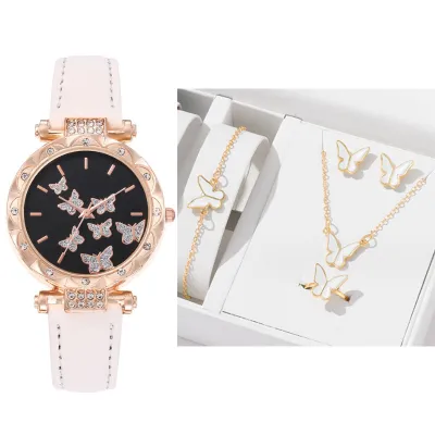Women Fashion Alloy Rhinestone Butterfly Watch Rings Earrings Necklaces Bracelets 5PCS/Set