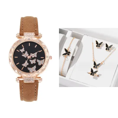 Women Fashion Alloy Rhinestone Butterfly Watch Rings Earrings Necklaces Bracelets 5PCS/Set