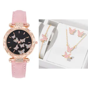 Women Fashion Alloy Rhinestone Butterfly Watch Rings Earrings Necklaces Bracelets 5PCS/Set