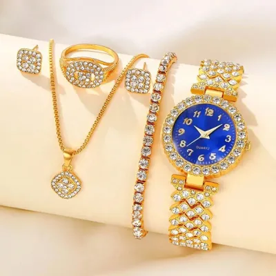 Women Fashion Rhinestone Quartz Watch Rings Earrings Necklaces Bracelets 5PCS/Set