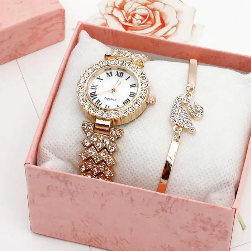 Women Fashion Rhinestone Quartz Watch Bracelets 2PCS/Set