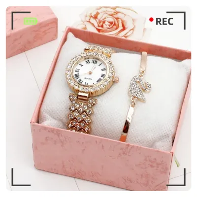 Women Fashion Rhinestone Quartz Watch Bracelets 2PCS/Set