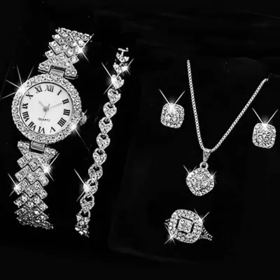 Women Fashion Rhinestone Quartz Watch Rings Earrings Necklaces Bracelets 5PCS/Set