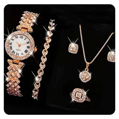 Women Fashion Rhinestone Quartz Watch Rings Earrings Necklaces Bracelets 5PCS/Set