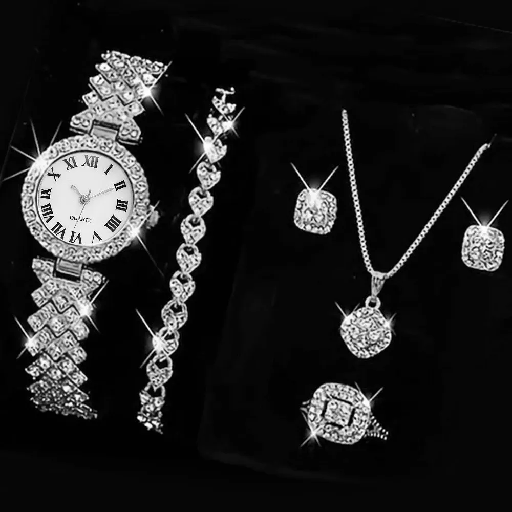 Women Fashion Rhinestone Quartz Watch Rings Earrings Necklaces Bracelets 5PCS/Set
