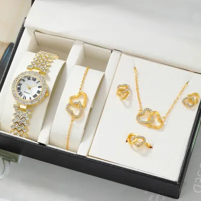 Women Fashion Rhinestone Quartz Watch Rings Earrings Necklaces Bracelets 5PCS/Set