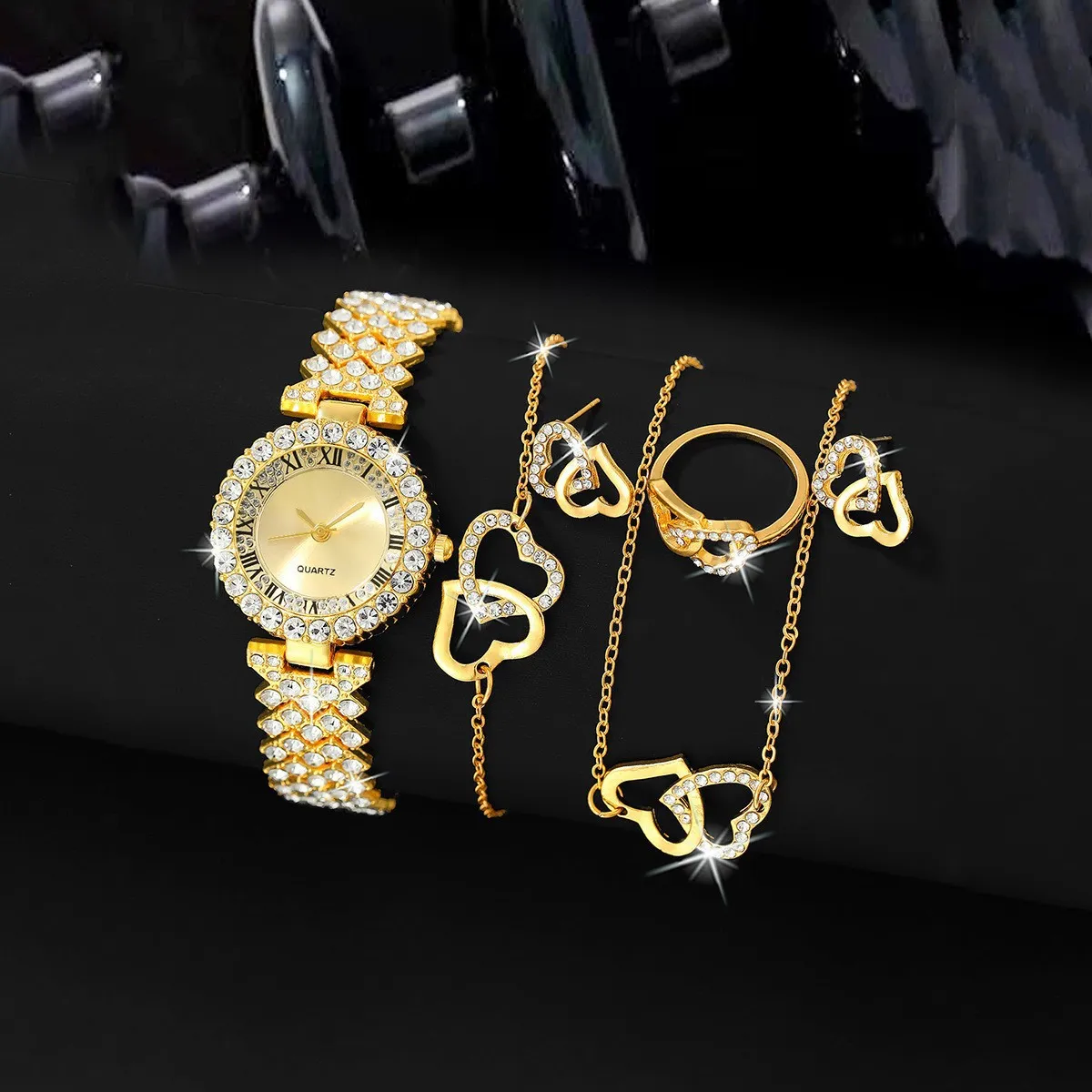 Women Fashion Rhinestone Quartz Watch Rings Earrings Necklaces Bracelets 5PCS/Set