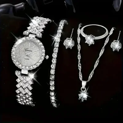 Women Fashion Rhinestone Watch Ring Earrings Necklace Bracelets 5PCS/Set