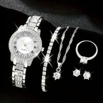 Women Fashion Rhinestone Watch Ring Earrings Necklace Bracelets 5PCS/Set