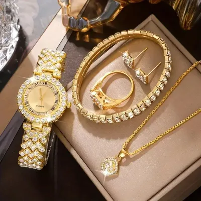 Women Fashion Rhinestone Watch Ring Earrings Necklace Bracelets 5PCS/Set