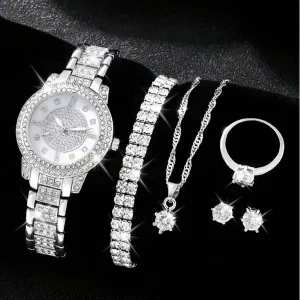Women Fashion Rhinestone Quartz Watch Ring Earrings Necklace Bracelets 5PCS/Set