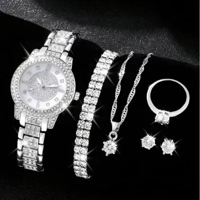 Women Fashion Rhinestone Quartz Watch Ring Earrings Necklace Bracelets 5PCS/Set