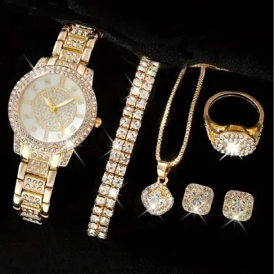 Women Fashion Rhinestone Quartz Watch Ring Earrings Necklace Bracelets 5PCS/Set