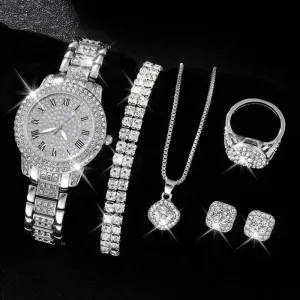 Women Fashion Rhinestone Quartz Watch Ring Earrings Necklace Bracelets 5PCS/Set