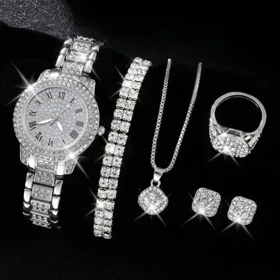 Women Fashion Rhinestone Quartz Watch Ring Earrings Necklace Bracelets 5PCS/Set
