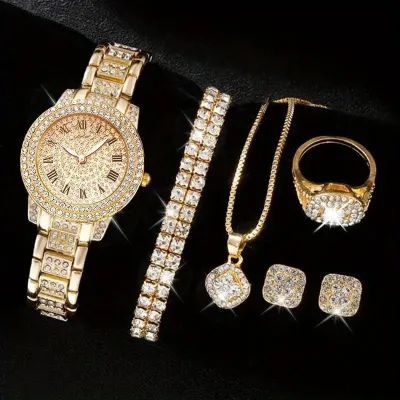 Women Fashion Rhinestone Quartz Watch Ring Earrings Necklace Bracelets 5PCS/Set