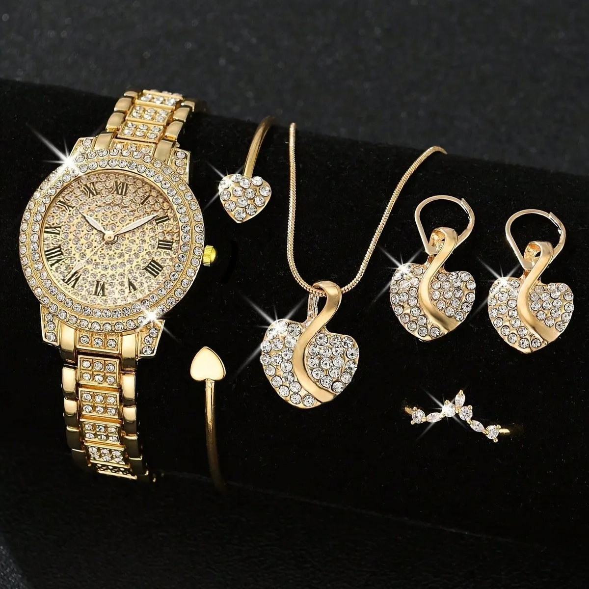 Women Fashion Rhinestone Quartz Watch Ring Earrings Necklace Bracelets 5PCS/Set