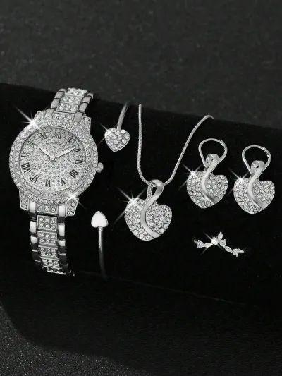 Women Fashion Rhinestone Quartz Watch Ring Earrings Necklace Bracelets 5PCS/Set