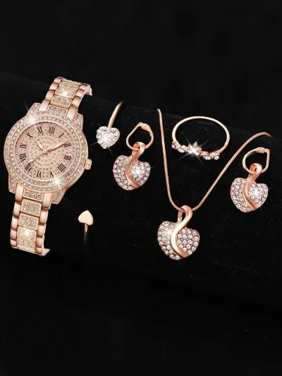 Women Fashion Rhinestone Quartz Watch Ring Earrings Necklace Bracelets 5PCS/Set