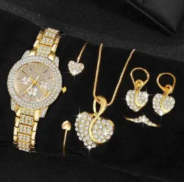 Women Fashion Rhinestone Quartz Watch Ring Earrings Necklace Bracelets 5PCS/Set