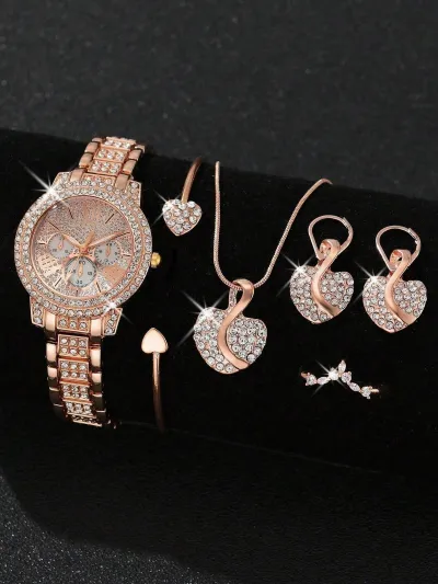 Women Fashion Rhinestone Quartz Watch Ring Earrings Necklace Bracelets 5PCS/Set