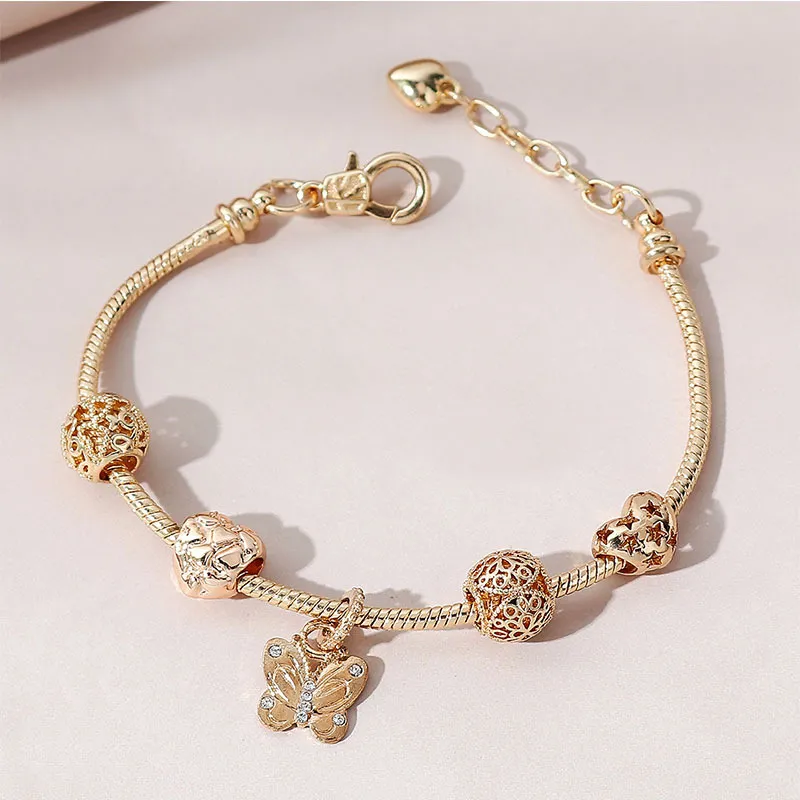 Fashion Beaded Adjustable Alloy Heart Shaped Butterfly Bracelet
