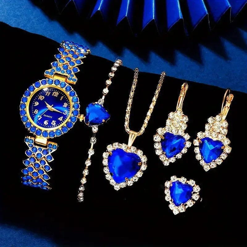 Women Fashion Rhinestone Watch Ring Earrings Necklace Bracelets 5PCS/Set