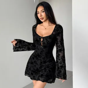 Women Sexy Solid Color Floral Flocking Mesh Square Collar Long Sleeve Dress