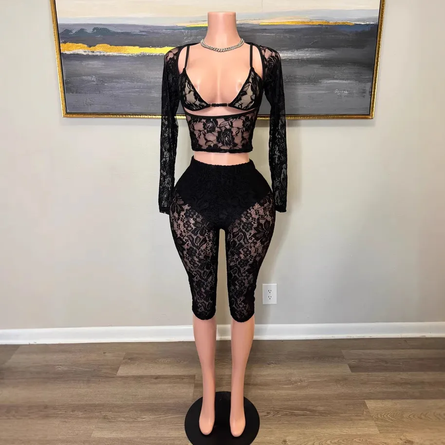 Women Fashion Sexy Solid Color Lace Hollow-Out Long-Sleeve Crop Top Tight Shorts Two-Piece Set