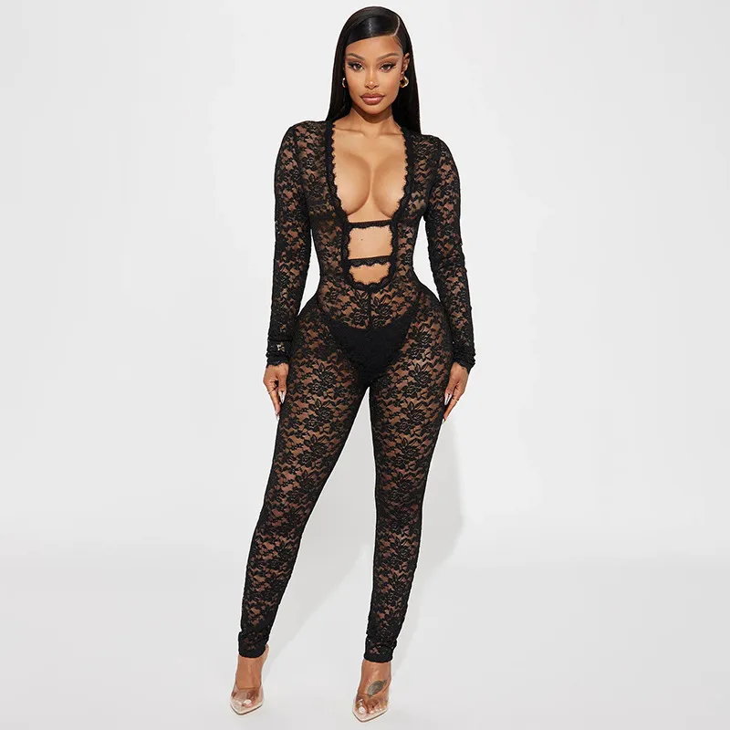Women Fashion Sexy Solid Color Lace Deep U-Neck Long-Sleeve Zipper Tight Jumpsuits