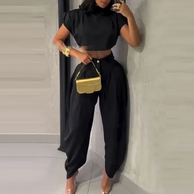 Women Fashion Sexy Solid Color Short-Sleeve Crop Top High Waist Pants Two-Piece Set
