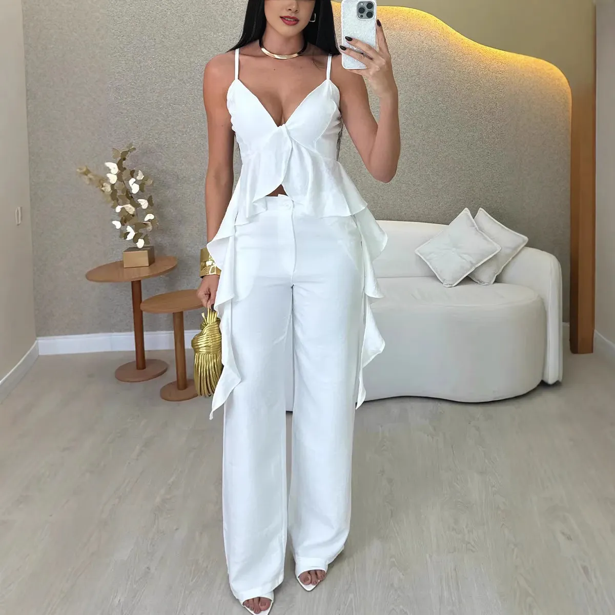 Women Fashion Sexy Solid Color V-Neck Ruffled Camisole Straight Pants Two-Piece Set