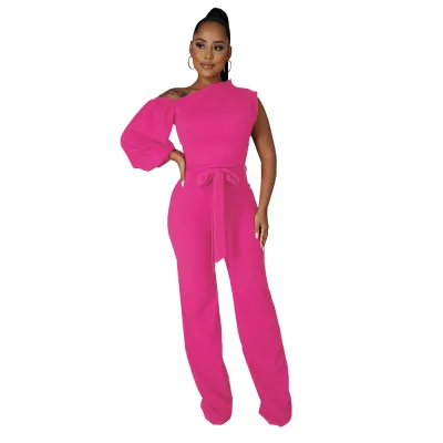 Women Fashion Sexy Solid Color Irregular One-Shoulder Wide-Leg Jumpsuits