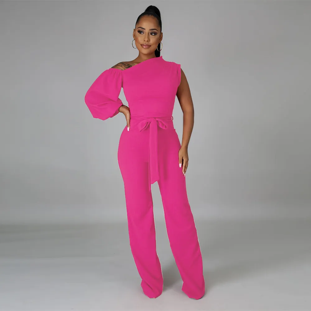 Women Fashion Sexy Solid Color Irregular One-Shoulder Wide-Leg Jumpsuits