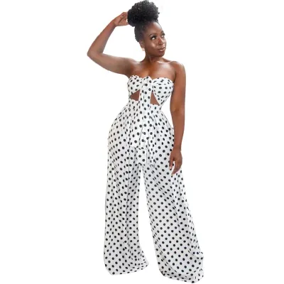 Women Fashion Sexy Dot Printed Tube Top Wide Leg Pants Two-Piece Set