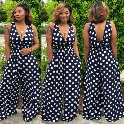 Women Fashion Sexy Dot Printed V-Neck Sleeveless Jumpsuits