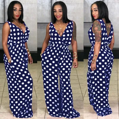 Women Fashion Sexy Dot Printed V-Neck Sleeveless Jumpsuits