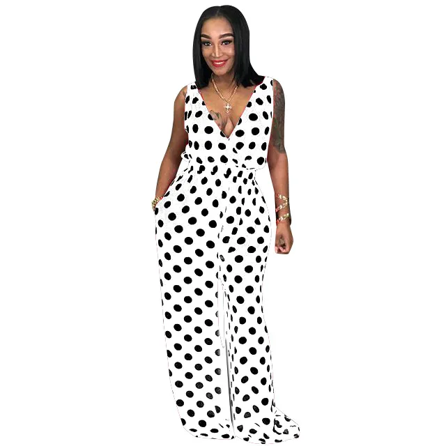 Women Fashion Sexy Dot Printed V-Neck Sleeveless Jumpsuits