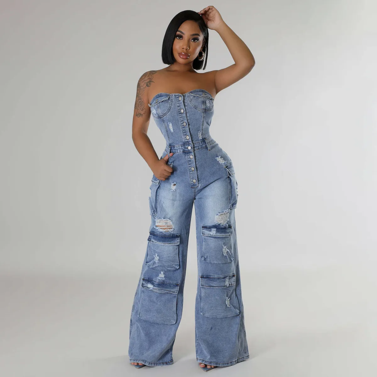 Women Fashion Sexy Ripped Tube Top Pockets Denim Jumpsuit