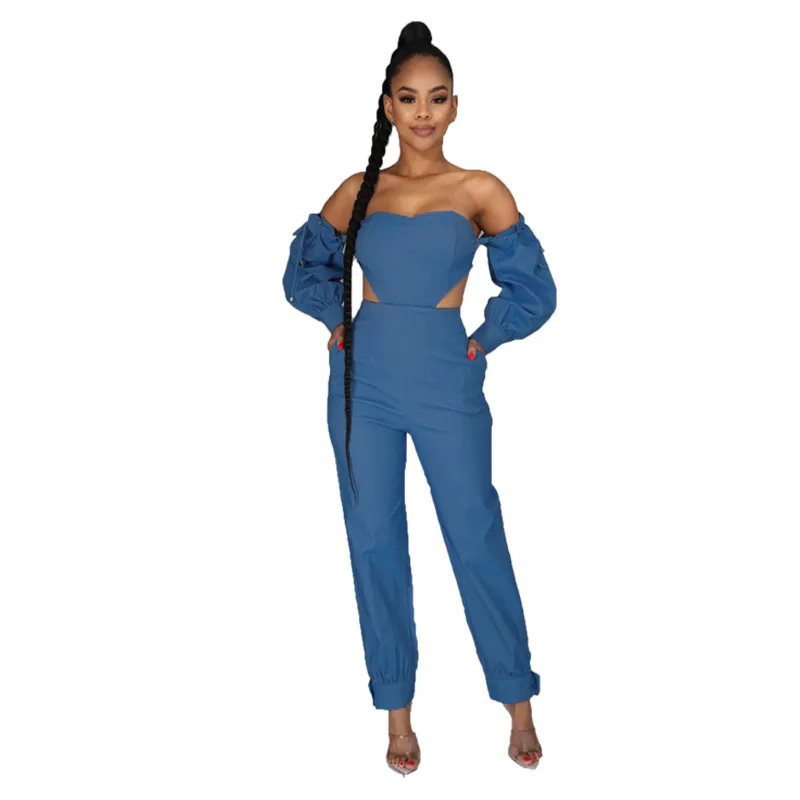 Women Fashion Sexy Solid Color Off-Shoulder Long-Sleeve Slim Fit Denim Jumpsuit