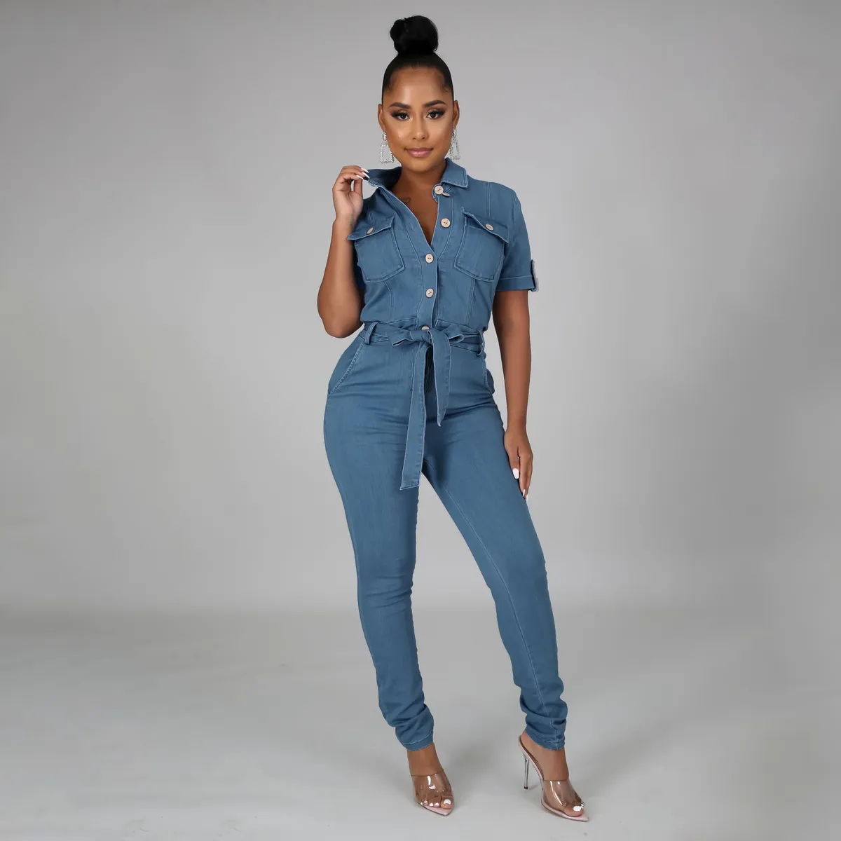 Women Fashion Casual Solid Color Lapel Short Sleeve Lace-Up Tight Denim Jumpsuit