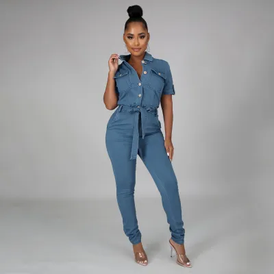 Women Fashion Casual Solid Color Lapel Short Sleeve Lace-Up Tight Denim Jumpsuit