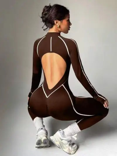 Women Fashion Sexy Contrast Color Long-Sleeve Backless Seamless Stitching Quick-Drying Sports Yoga Jumpsuit