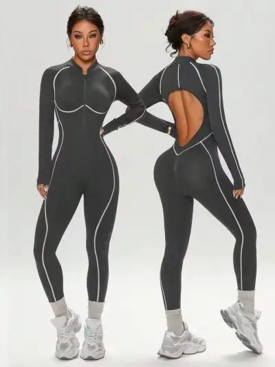 Women Fashion Sexy Contrast Color Long-Sleeve Backless Seamless Stitching Quick-Drying Sports Yoga Jumpsuit