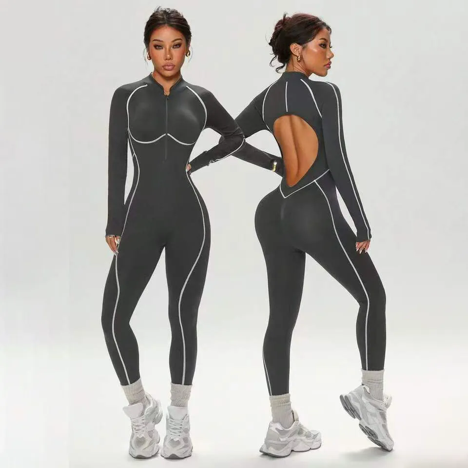 Women Fashion Sexy Contrast Color Long-Sleeve Backless Seamless Stitching Quick-Drying Sports Yoga Jumpsuit