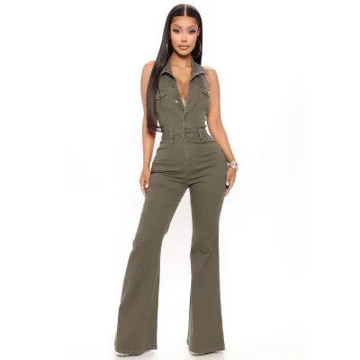 Women Fashion Sexy Solid Color Lapel Halter-Neck Backless Pocket Denim Jumpsuit